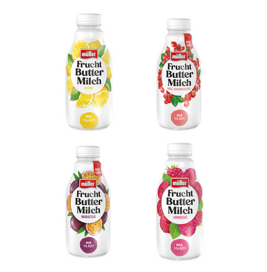 Müller Fruchtbuttermilch "Zitrone, Himbeere, Maracuja, Rote Johannisbeere" inkl. Pfand