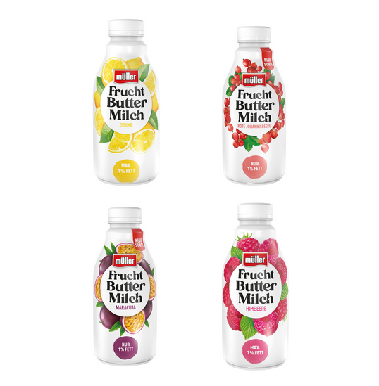 Müller Fruchtbuttermilch "Zitrone, Himbeere, Maracuja, Rote Johannisbeere"