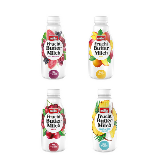 Müller Fruchtbuttermilch "Rote Multi, Ananas-Kokos, Mango, Kirsche"